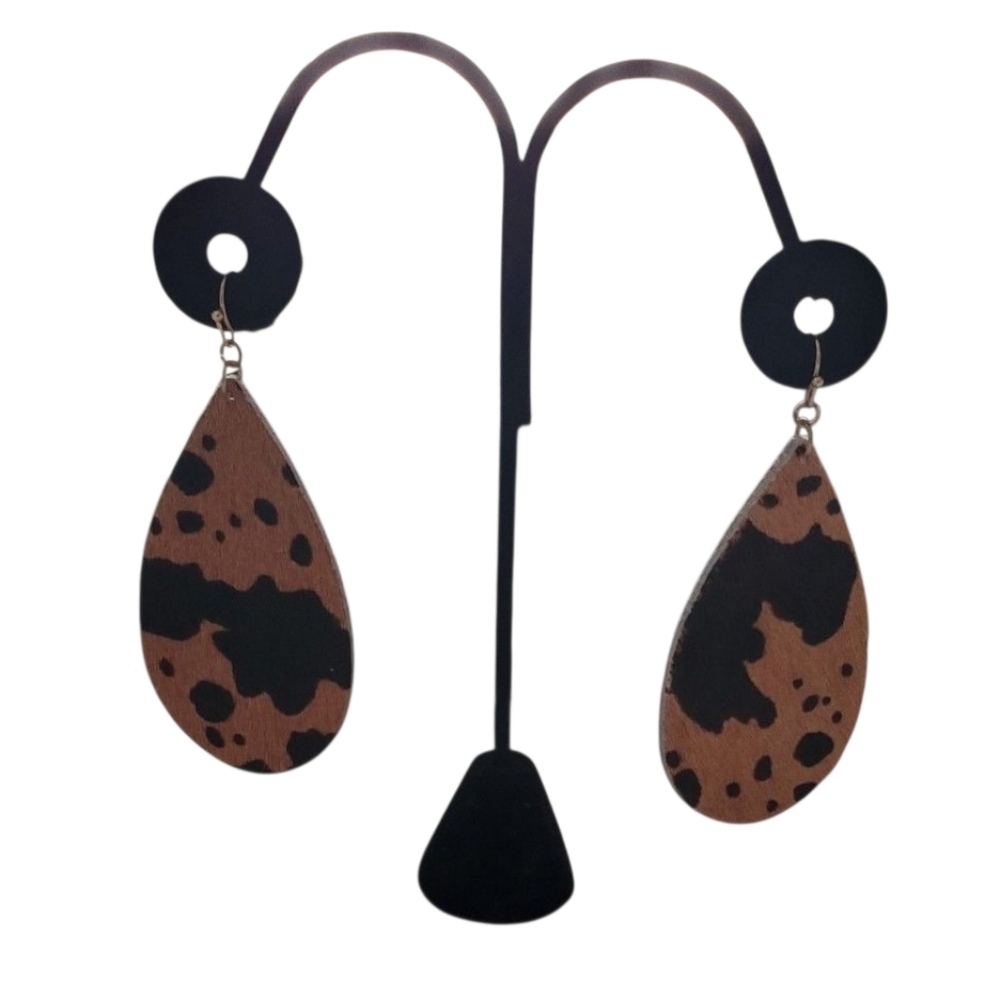 Cow Print Teardrop Earrings Brown and Black Faux Leather Western Lightweight - Picture 3 of 7